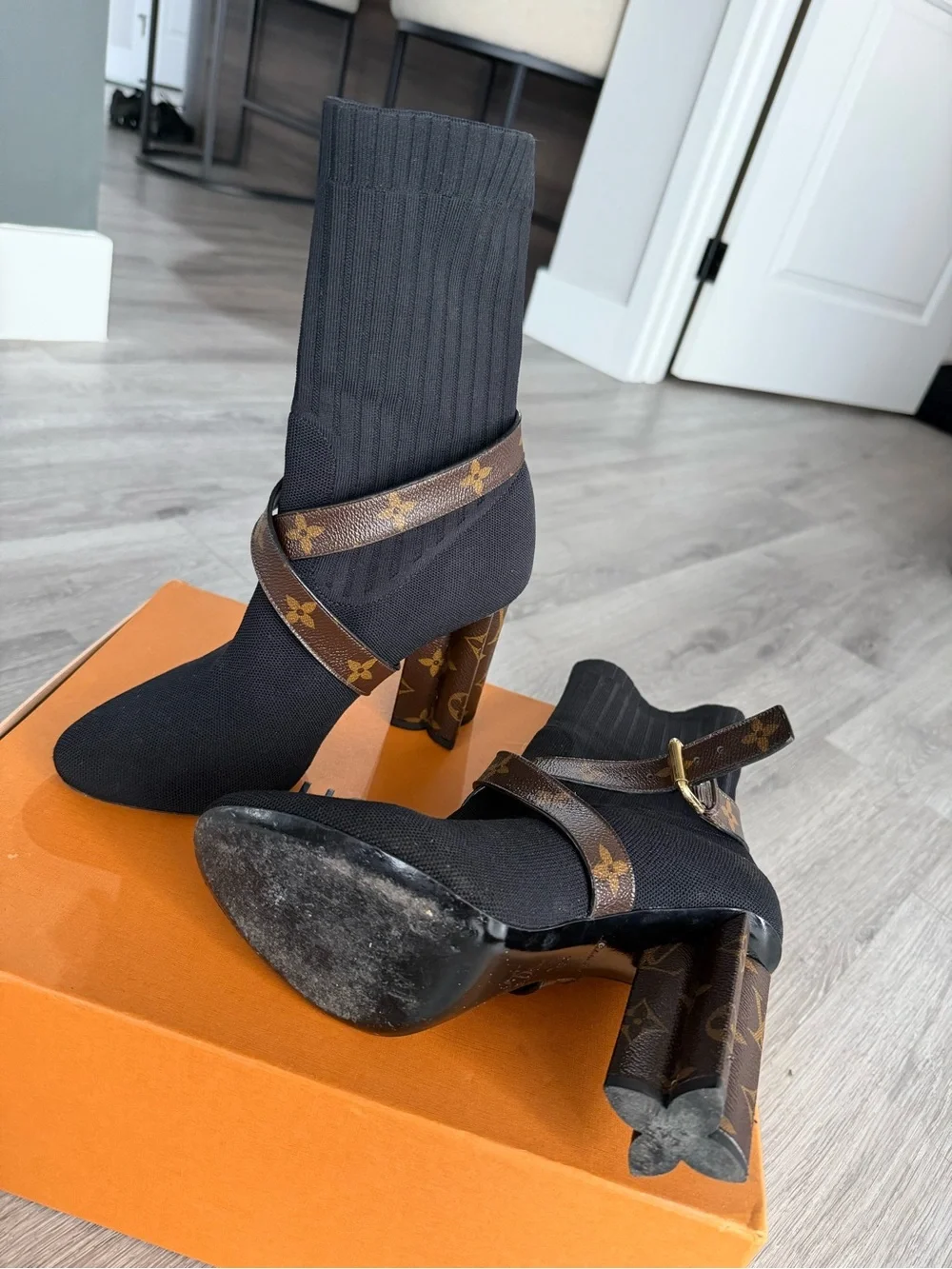 Louis Vuitton Black Sock Boot with Brown Monogram Strap - Picture 3 of 3